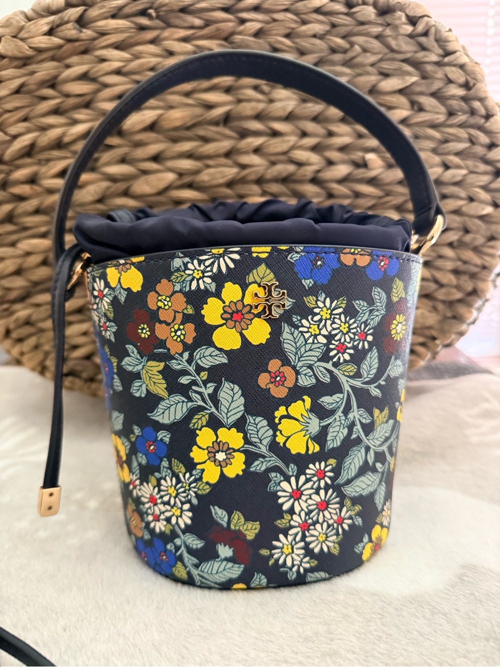 Tory Burch Navy Floral Mini Bucket Bag with Yellow & Blue Blooms